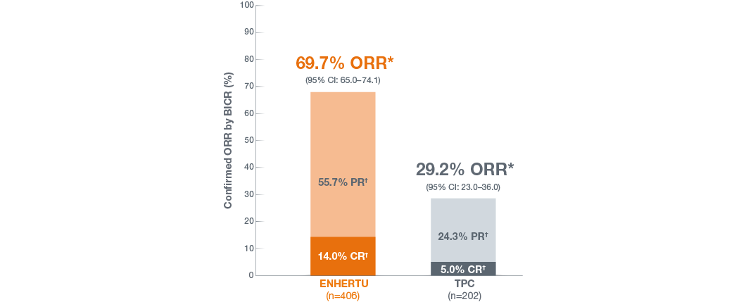 Graph of DESTINY-Breast02 response rates for both treatment arms