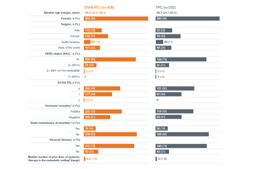 Table of DESTINY-Breast02 baseline patient characteristics and demographics in both treatment arms